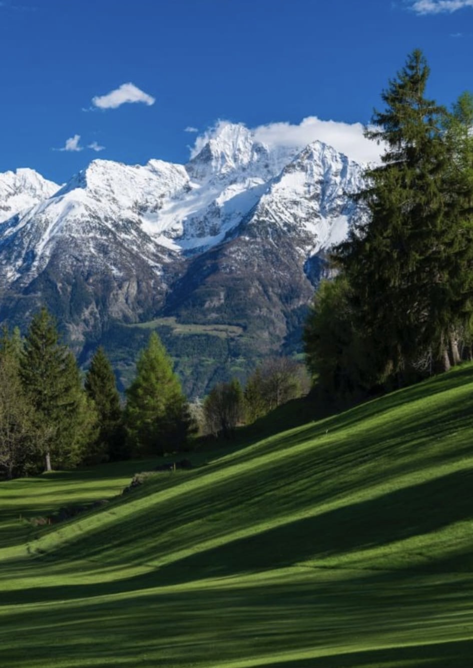 Montagne innevate e fairway del Golf Club Aosta Arsanières